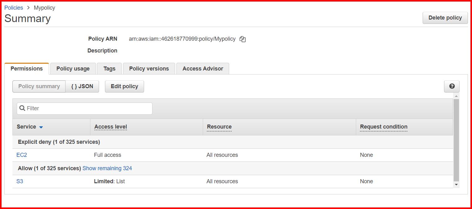 Picture showing a policy created in AWS console
